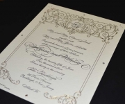 A press sheet for a wedding details card.  Foil stamped and printed in one letterpress ink.